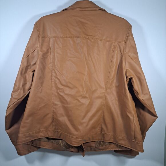 Faux Leather Biker Jacket Plus 2X Coffee Brown Lined Coat Zipper Collar Pockets - Picture 6 of 8